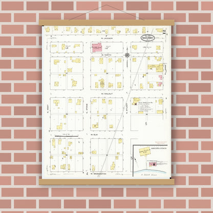 Old map wall art mockup — magnetic wood frame on brick wall — Sanborn Fire Insurance Map from Sigourney, Kiokuk County, Iowa (1916), Sheet #0002