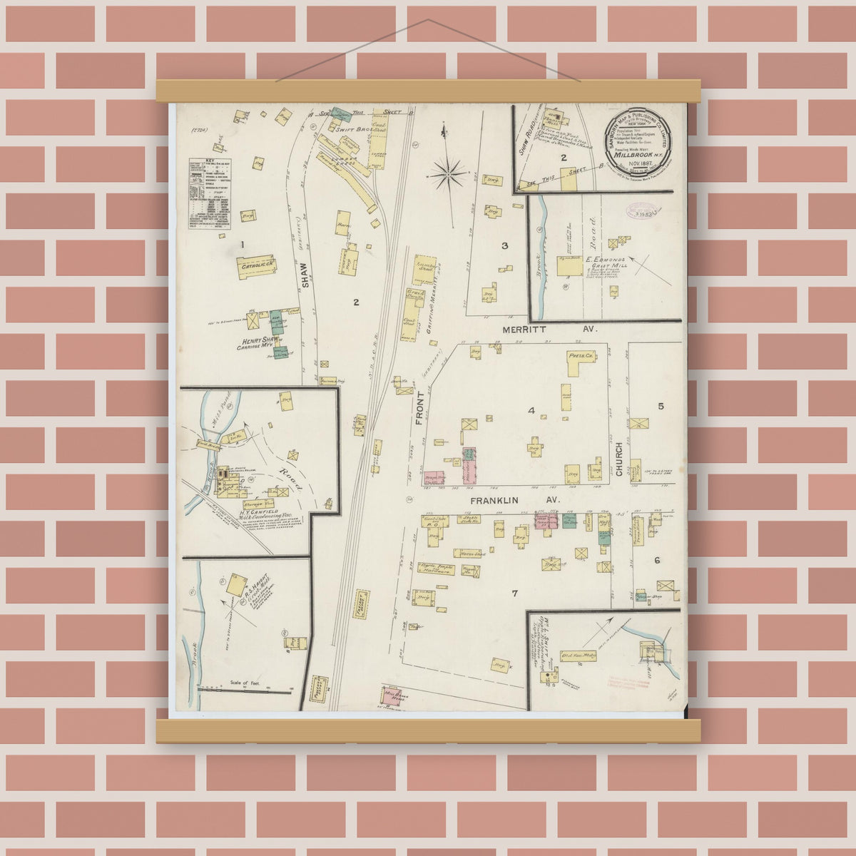 Old map wall art mockup — magnetic wood frame on brick wall — Sanborn Fire Insurance Map from Millbrook, Dutchess County, New York (1887), Sheet #0001