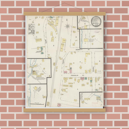 Old map wall art mockup — magnetic wood frame on brick wall — Sanborn Fire Insurance Map from Millbrook, Dutchess County, New York (1887), Sheet #0001