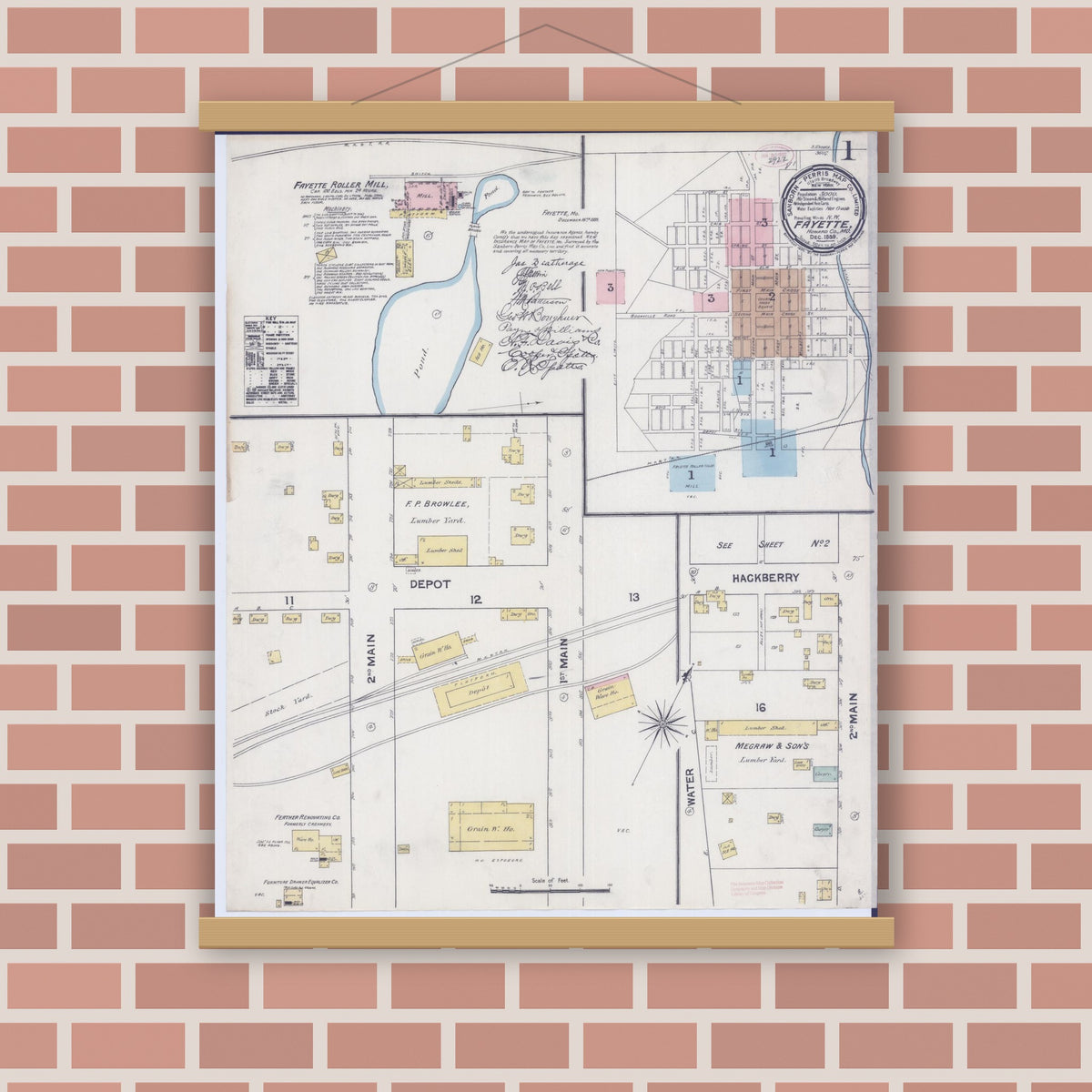 Old map wall art mockup — magnetic wood frame on brick wall — Sanborn Fire Insurance Map from Fayette, Howard County, Missouri (1889) - Complete Map Set