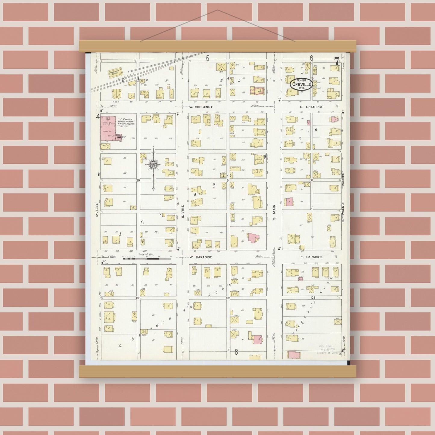 Old map wall art mockup — magnetic wood frame on brick wall — Sanborn Fire Insurance Map from Orrville, Wayne County, Ohio (1911), Sheet #0007