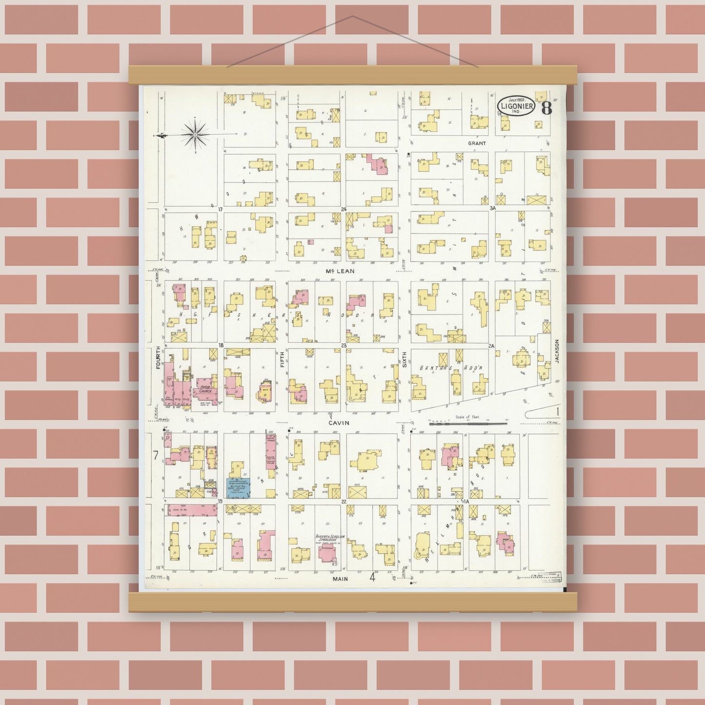 Old map wall art mockup — magnetic wood frame on brick wall — Sanborn Fire Insurance Map from Ligonier, Noble County, Indiana (1907), Sheet #0008