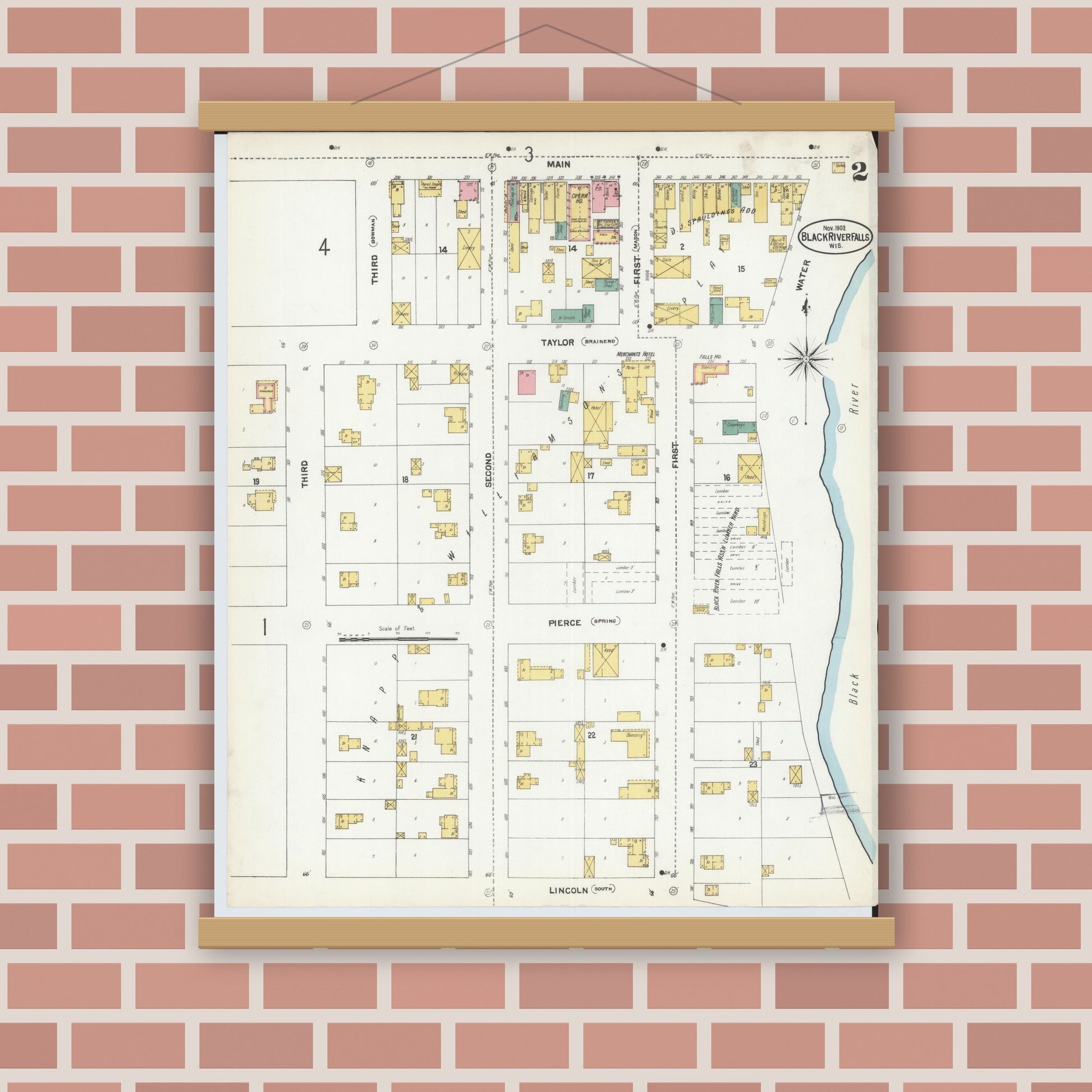 Old map wall art mockup — magnetic wood frame on brick wall — Sanborn Fire Insurance Map from Black River Falls, Jackson County, Wisconsin (1902), Sheet #0002