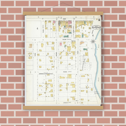 Old map wall art mockup — magnetic wood frame on brick wall — Sanborn Fire Insurance Map from Black River Falls, Jackson County, Wisconsin (1902), Sheet #0002