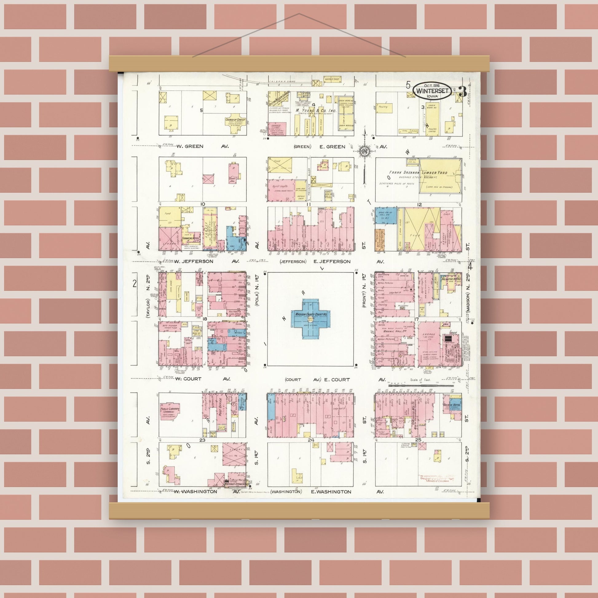 Old map wall art mockup — magnetic wood frame on brick wall — Sanborn Fire Insurance Map from Winterset, Madison County, Iowa (1916), Sheet #0003