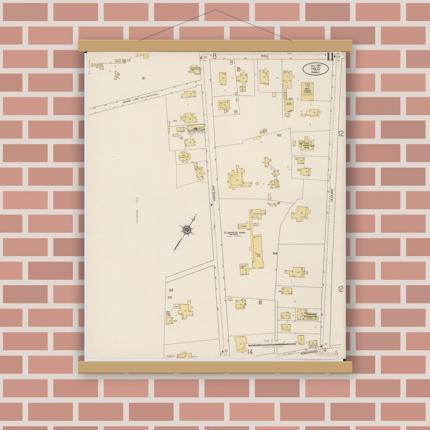 Old map wall art mockup — magnetic wood frame on brick wall — Sanborn Fire Insurance Map from Hilo, Hawaii County, Hawaii (1921), Sheet #0011