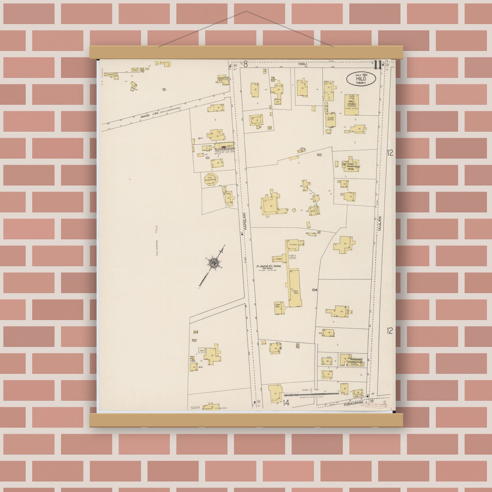 Old map wall art mockup — magnetic wood frame on brick wall — Sanborn Fire Insurance Map from Hilo, Hawaii County, Hawaii (1921), Sheet #0011