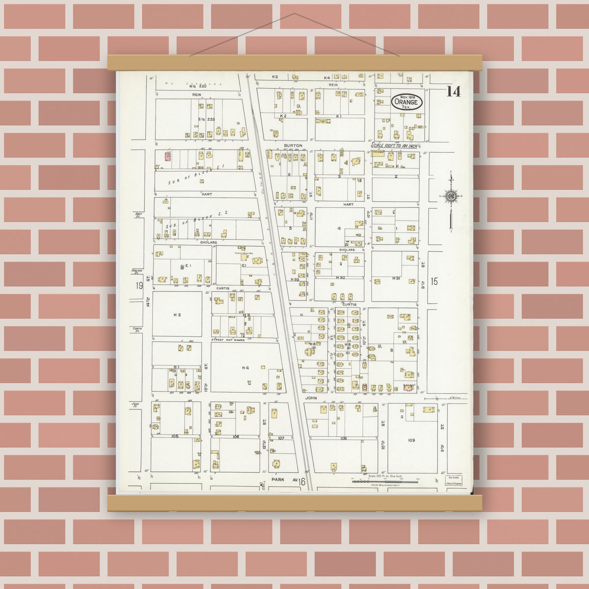 Old map wall art mockup — magnetic wood frame on brick wall — Sanborn Fire Insurance Map from Orange, Orange County, Texas (1919), Sheet #0014