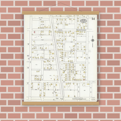 Old map wall art mockup — magnetic wood frame on brick wall — Sanborn Fire Insurance Map from Orange, Orange County, Texas (1919), Sheet #0014