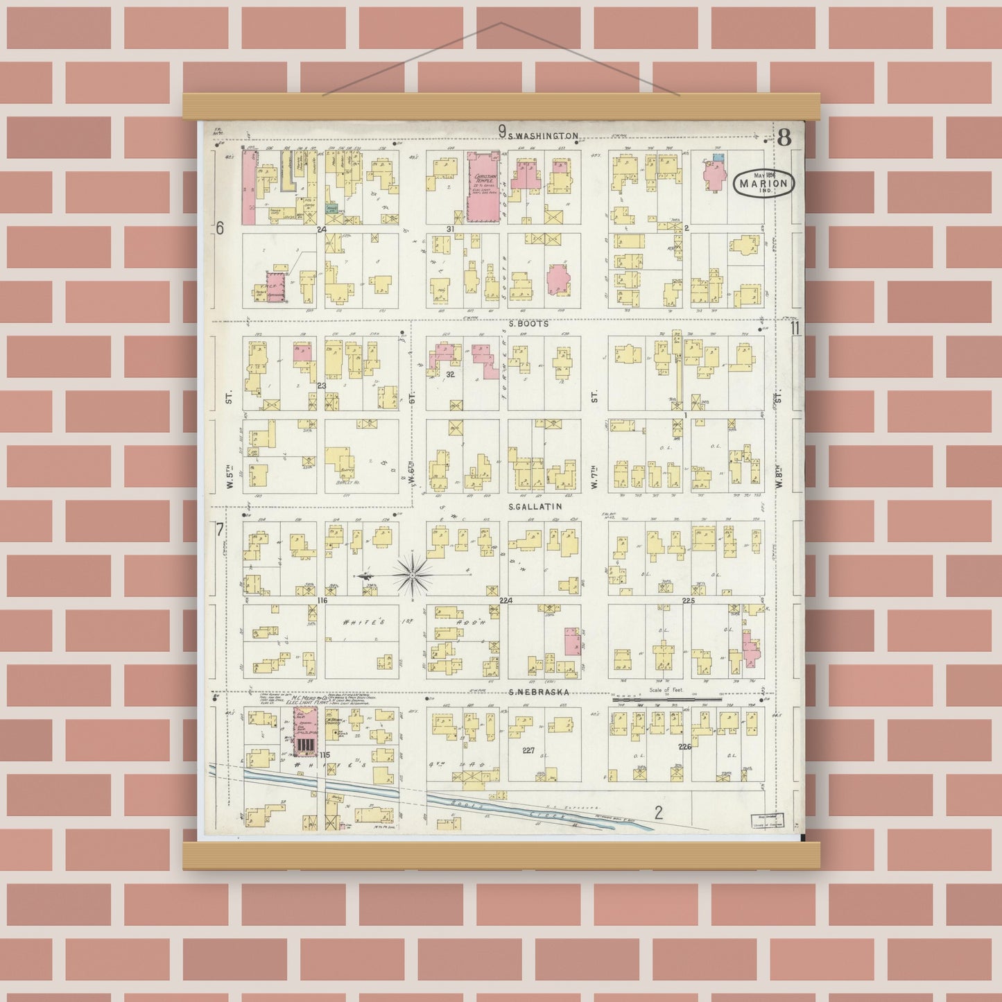 Old map wall art mockup — magnetic wood frame on brick wall — Sanborn Fire Insurance Map from Marion, Grant County, Indiana (1896), Sheet #0008