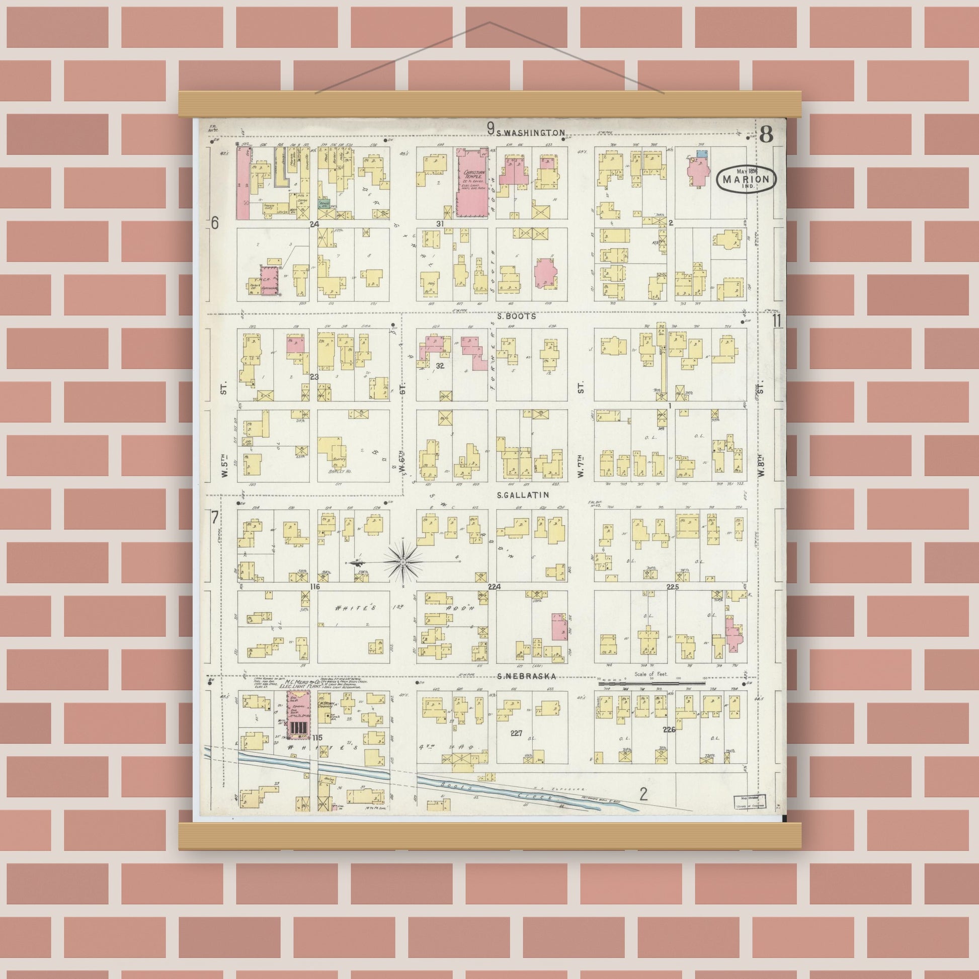 Old map wall art mockup — magnetic wood frame on brick wall — Sanborn Fire Insurance Map from Marion, Grant County, Indiana (1896), Sheet #0008