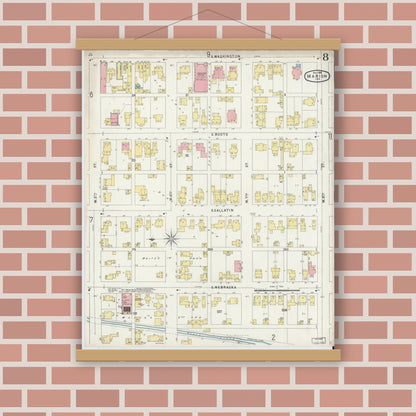 Old map wall art mockup — magnetic wood frame on brick wall — Sanborn Fire Insurance Map from Marion, Grant County, Indiana (1896), Sheet #0008