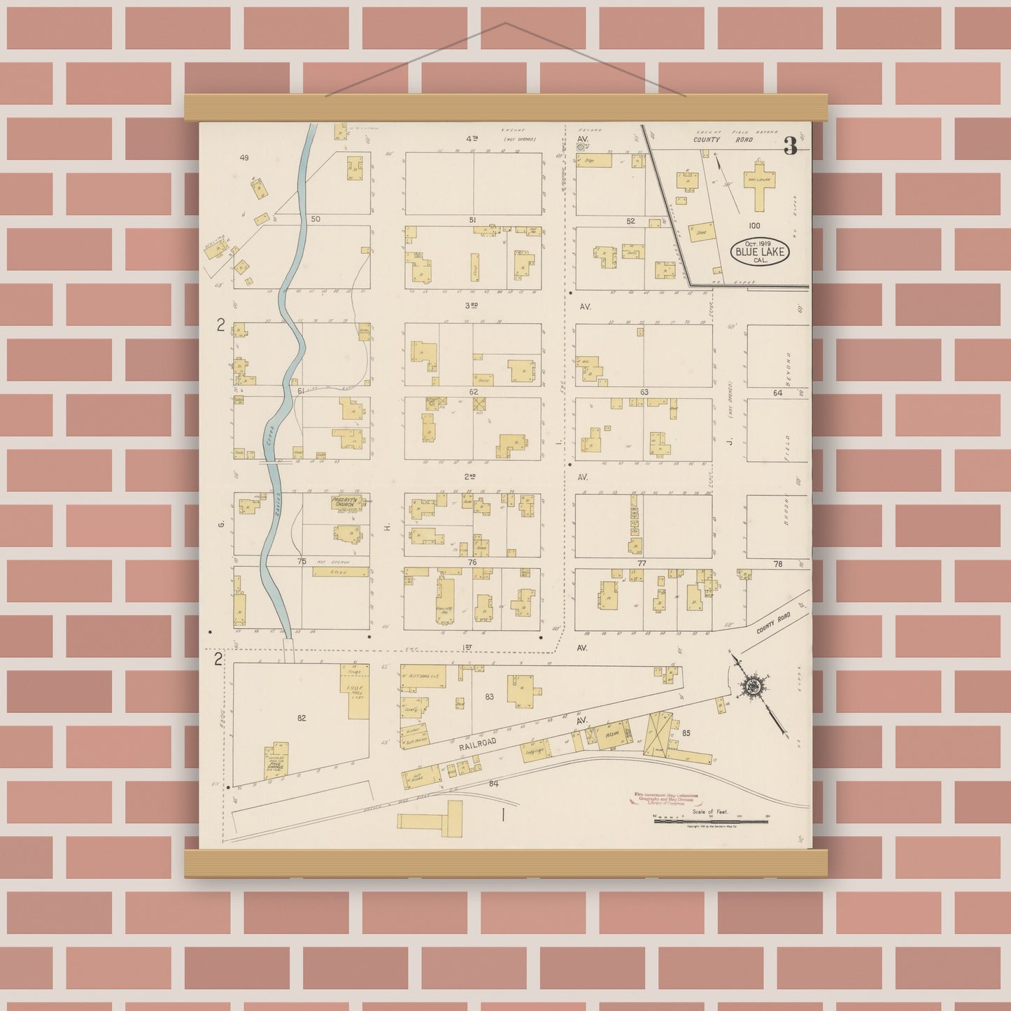 Old map wall art mockup — magnetic wood frame on brick wall — Sanborn Fire Insurance Map from Blue Lake, Humboldt County, California (1919), Sheet #0003