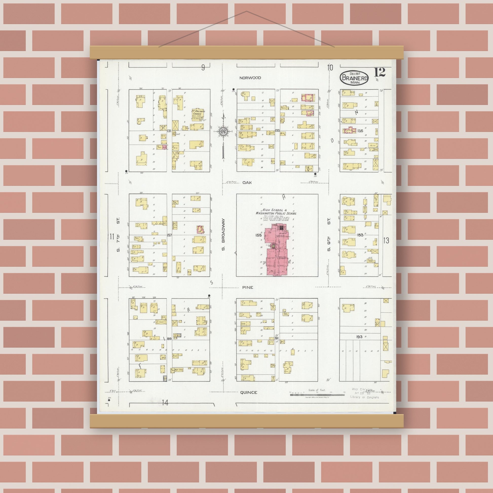 Old map wall art mockup — magnetic wood frame on brick wall — Sanborn Fire Insurance Map from Brainerd, Crow Wing County, Minnesota (1917), Sheet #0012