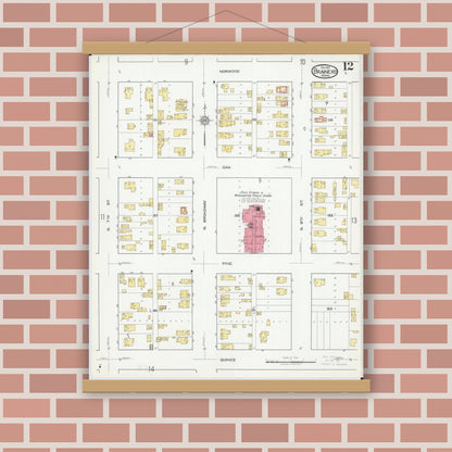 Old map wall art mockup — magnetic wood frame on brick wall — Sanborn Fire Insurance Map from Brainerd, Crow Wing County, Minnesota (1917), Sheet #0012