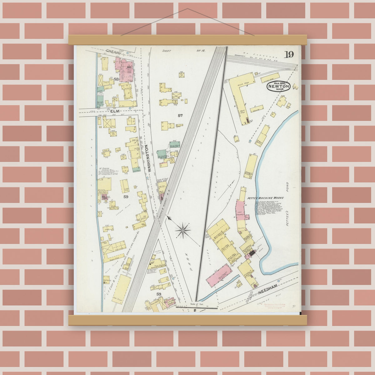 Old map wall art mockup — magnetic wood frame on brick wall — Sanborn Fire Insurance Map from Newton, Middlesex County, Massachusetts (1892), Sheet #0019