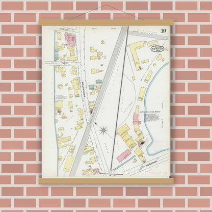 Old map wall art mockup — magnetic wood frame on brick wall — Sanborn Fire Insurance Map from Newton, Middlesex County, Massachusetts (1892), Sheet #0019