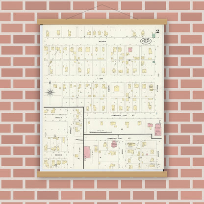 Old map wall art mockup — magnetic wood frame on brick wall — Sanborn Fire Insurance Map from Payne, Paulding County, Ohio (1907), Sheet #0002