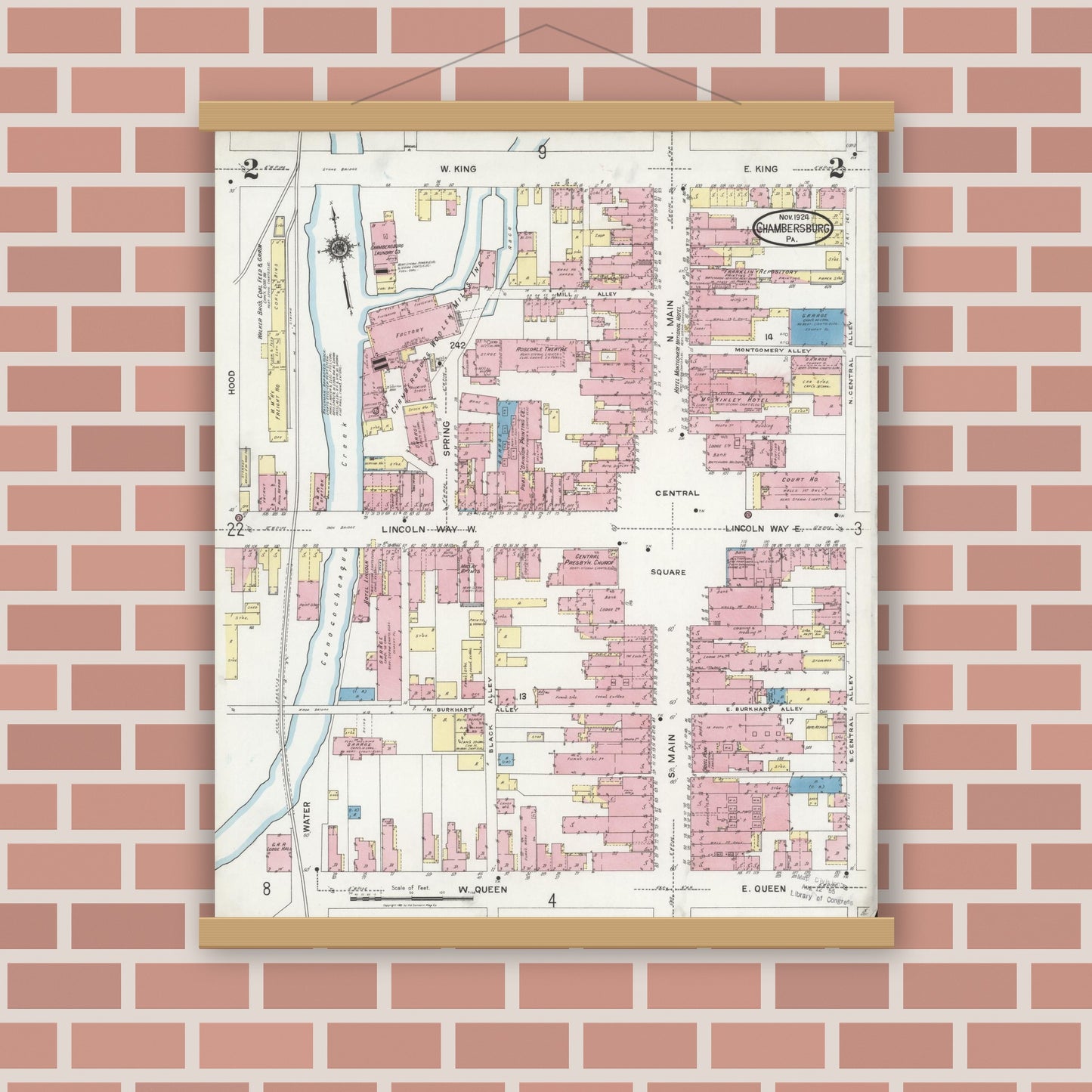 Old map wall art mockup — magnetic wood frame on brick wall — Sanborn Fire Insurance Map from Chambersburg, Franklin County, Pennsylvania (1924), Sheet #0002