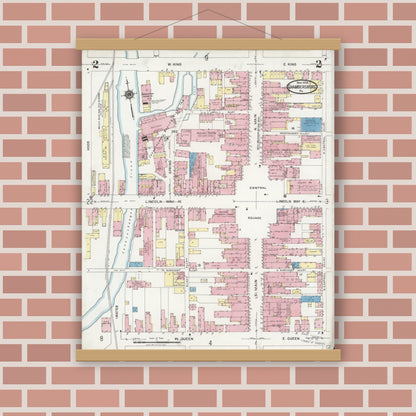 Old map wall art mockup — magnetic wood frame on brick wall — Sanborn Fire Insurance Map from Chambersburg, Franklin County, Pennsylvania (1924), Sheet #0002