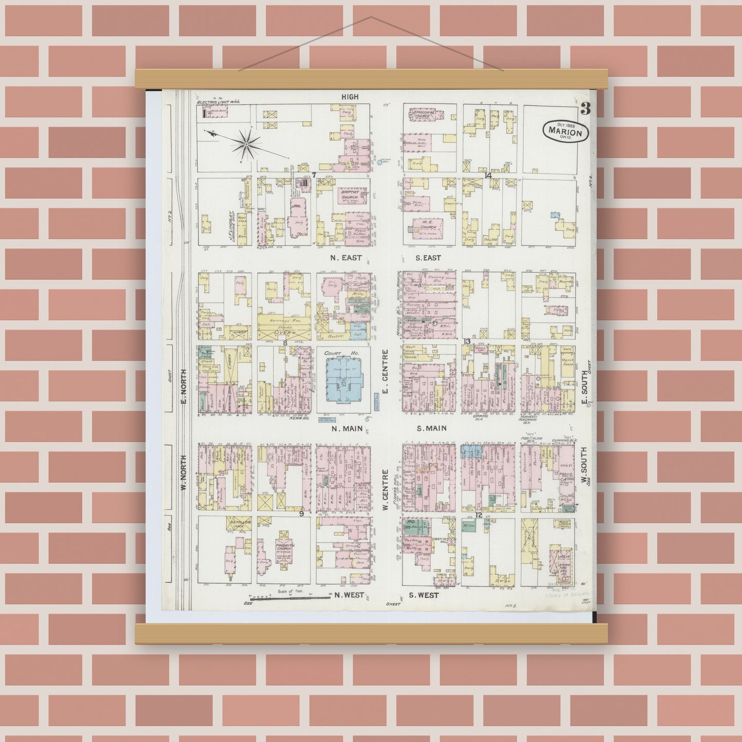 Old map wall art mockup — magnetic wood frame on brick wall — Sanborn Fire Insurance Map from Marion, Marion County, Ohio (1888), Sheet #0003