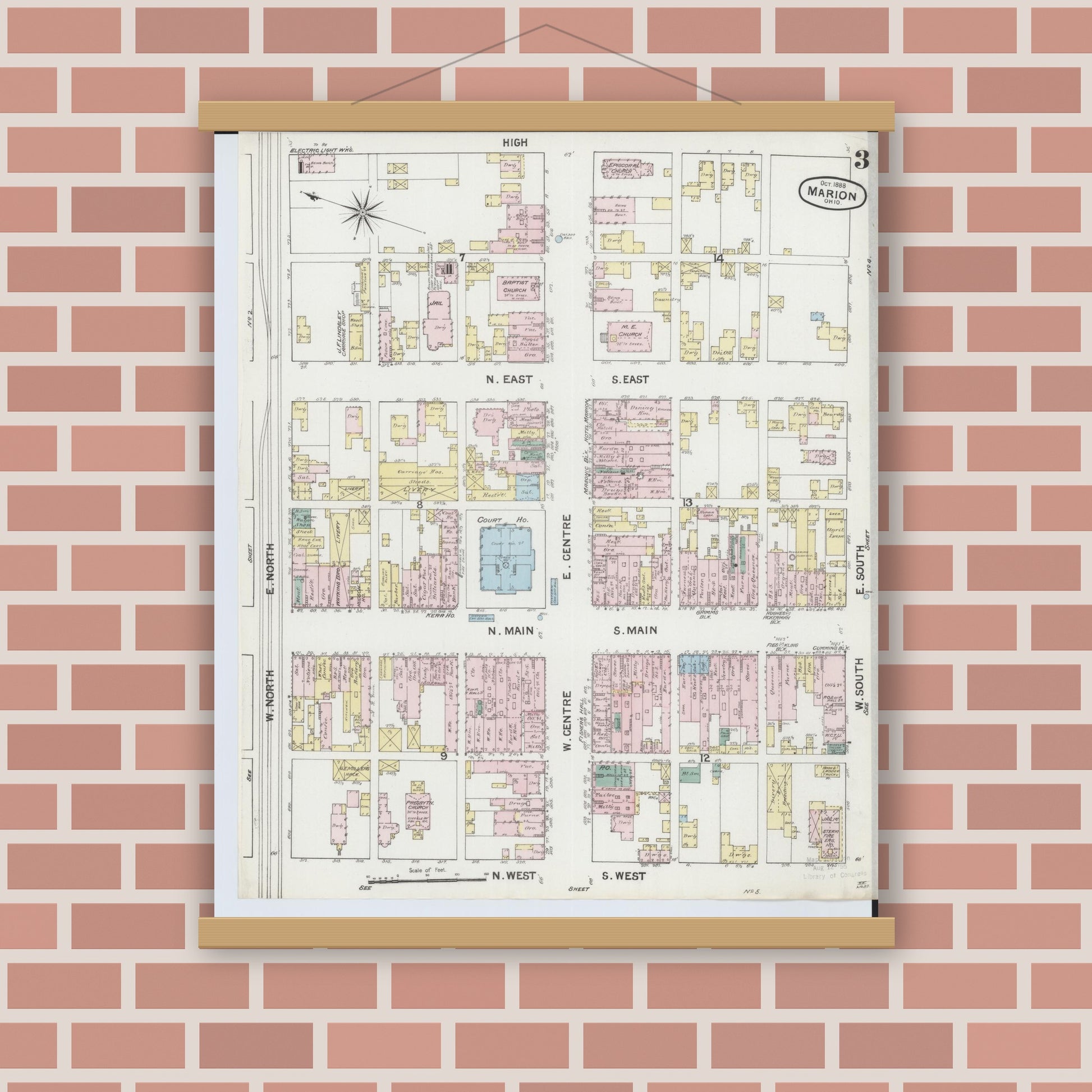 Old map wall art mockup — magnetic wood frame on brick wall — Sanborn Fire Insurance Map from Marion, Marion County, Ohio (1888), Sheet #0003
