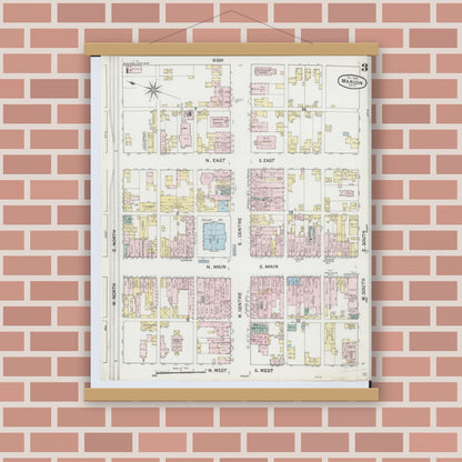 Old map wall art mockup — magnetic wood frame on brick wall — Sanborn Fire Insurance Map from Marion, Marion County, Ohio (1888), Sheet #0003