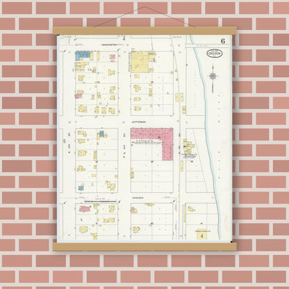 Old map wall art mockup — magnetic wood frame on brick wall — Sanborn Fire Insurance Map from Oregon, Ogle County, Illinois (1913), Sheet #0006