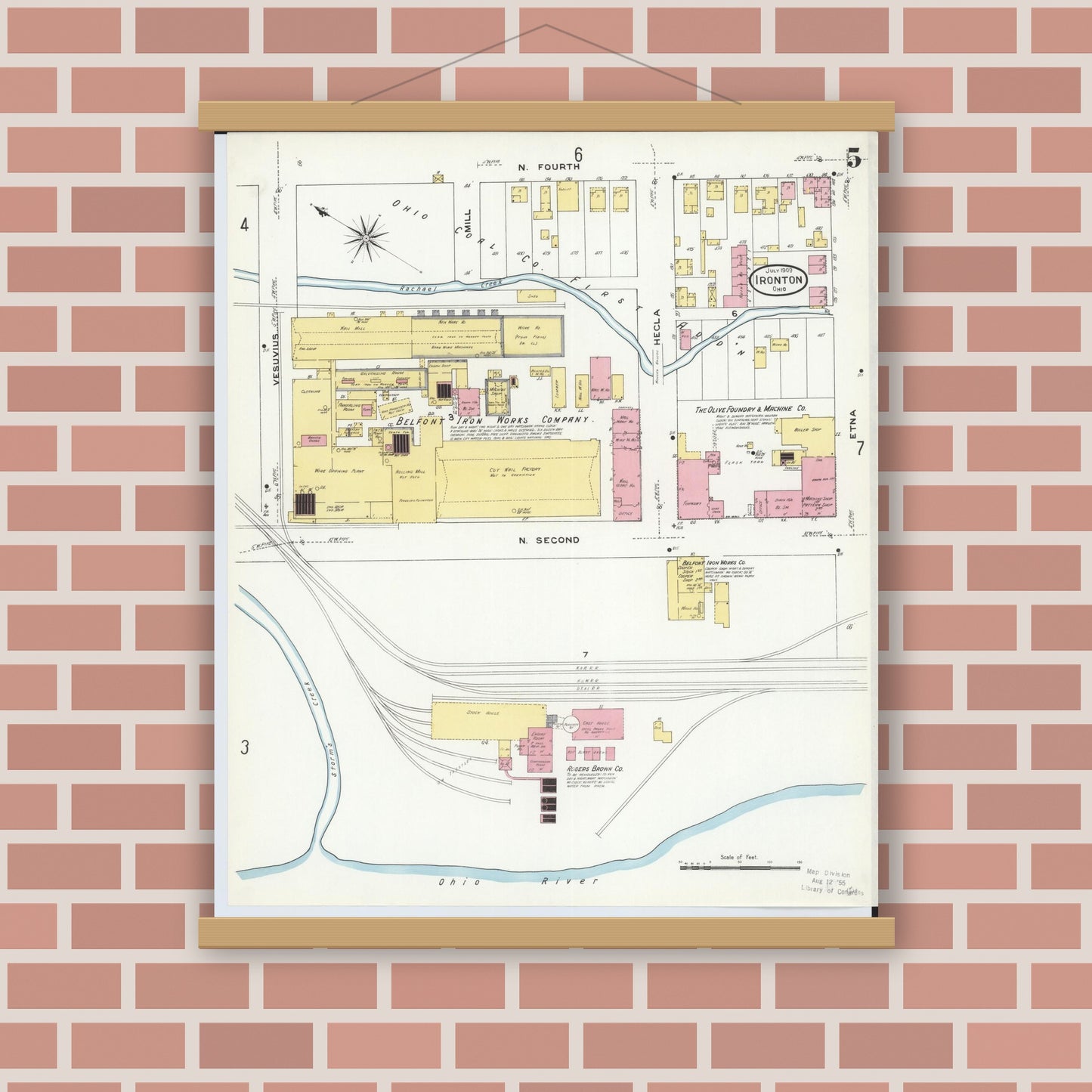 Old map wall art mockup — magnetic wood frame on brick wall — Sanborn Fire Insurance Map from Ironton, Lawrence County, Ohio (1909), Sheet #0005