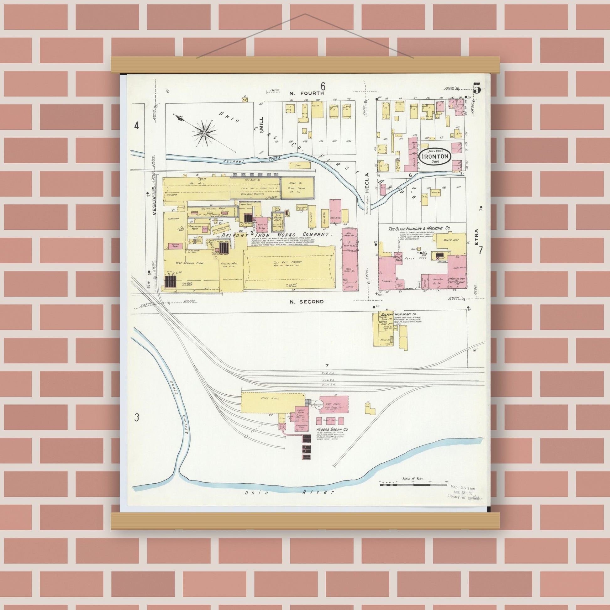 Old map wall art mockup — magnetic wood frame on brick wall — Sanborn Fire Insurance Map from Ironton, Lawrence County, Ohio (1909), Sheet #0005