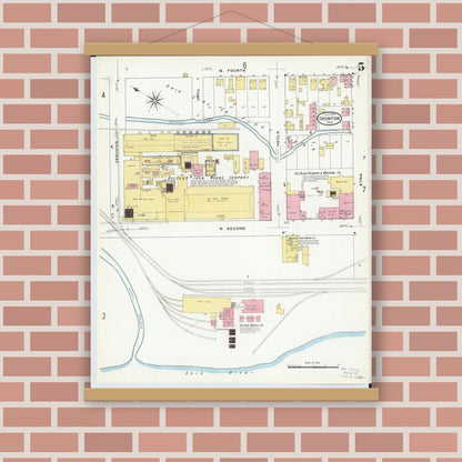 Old map wall art mockup — magnetic wood frame on brick wall — Sanborn Fire Insurance Map from Ironton, Lawrence County, Ohio (1909), Sheet #0005
