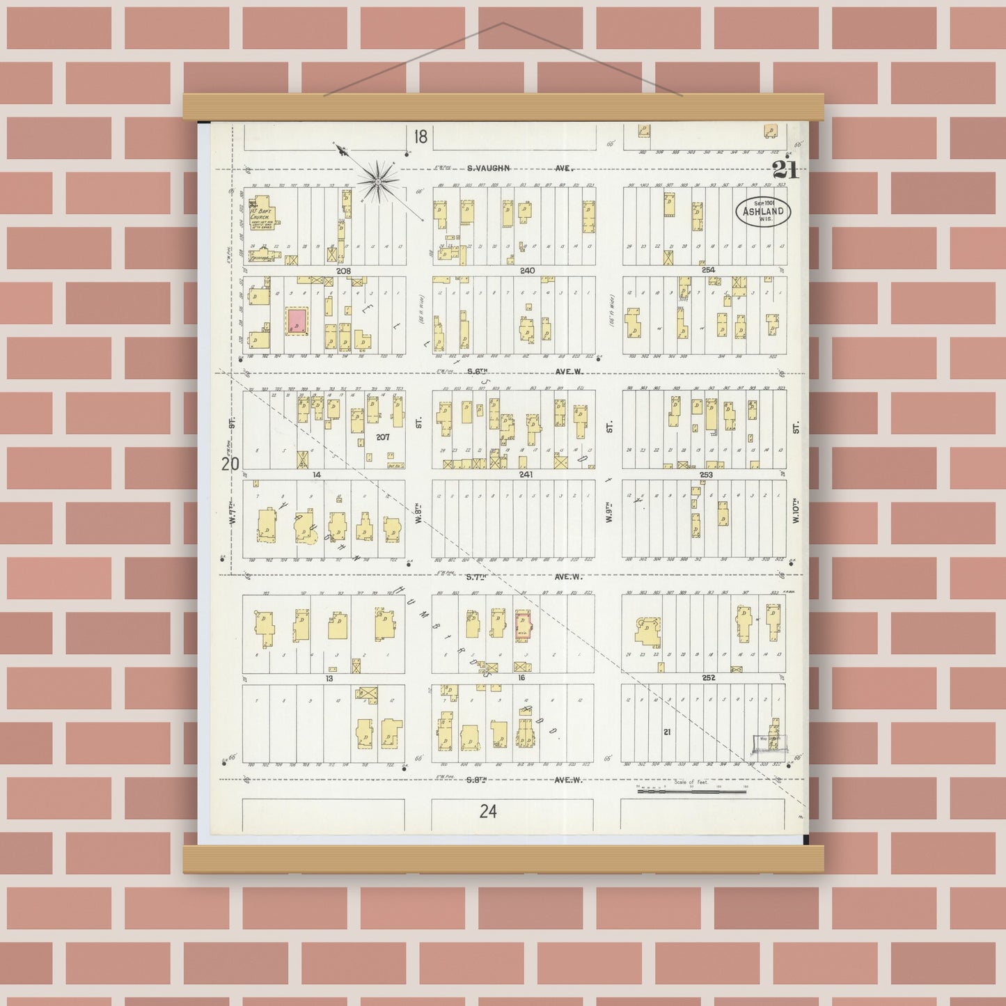 Old map wall art mockup — magnetic wood frame on brick wall — Sanborn Fire Insurance Map from Ashland, Ashland County, Wisconsin (1901), Sheet #0021