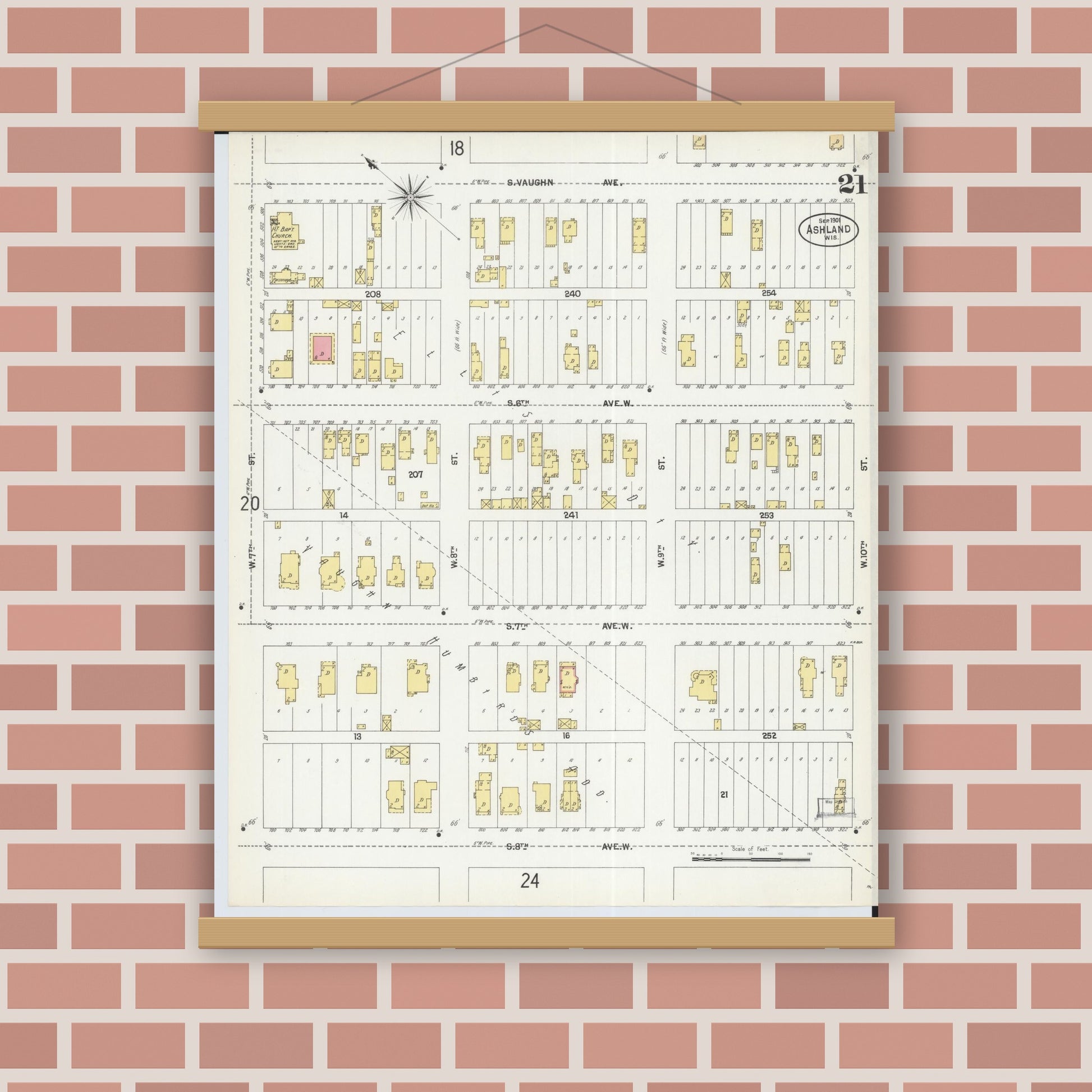 Old map wall art mockup — magnetic wood frame on brick wall — Sanborn Fire Insurance Map from Ashland, Ashland County, Wisconsin (1901), Sheet #0021