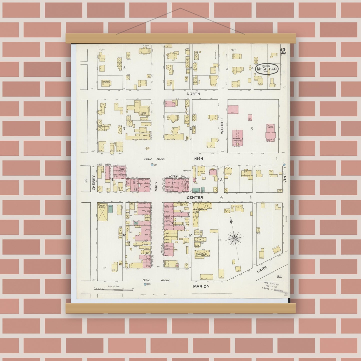 Old map wall art mockup — magnetic wood frame on brick wall — Sanborn Fire Insurance Map from Mount Gilead, Morrow County, Ohio (1892), Sheet #0002