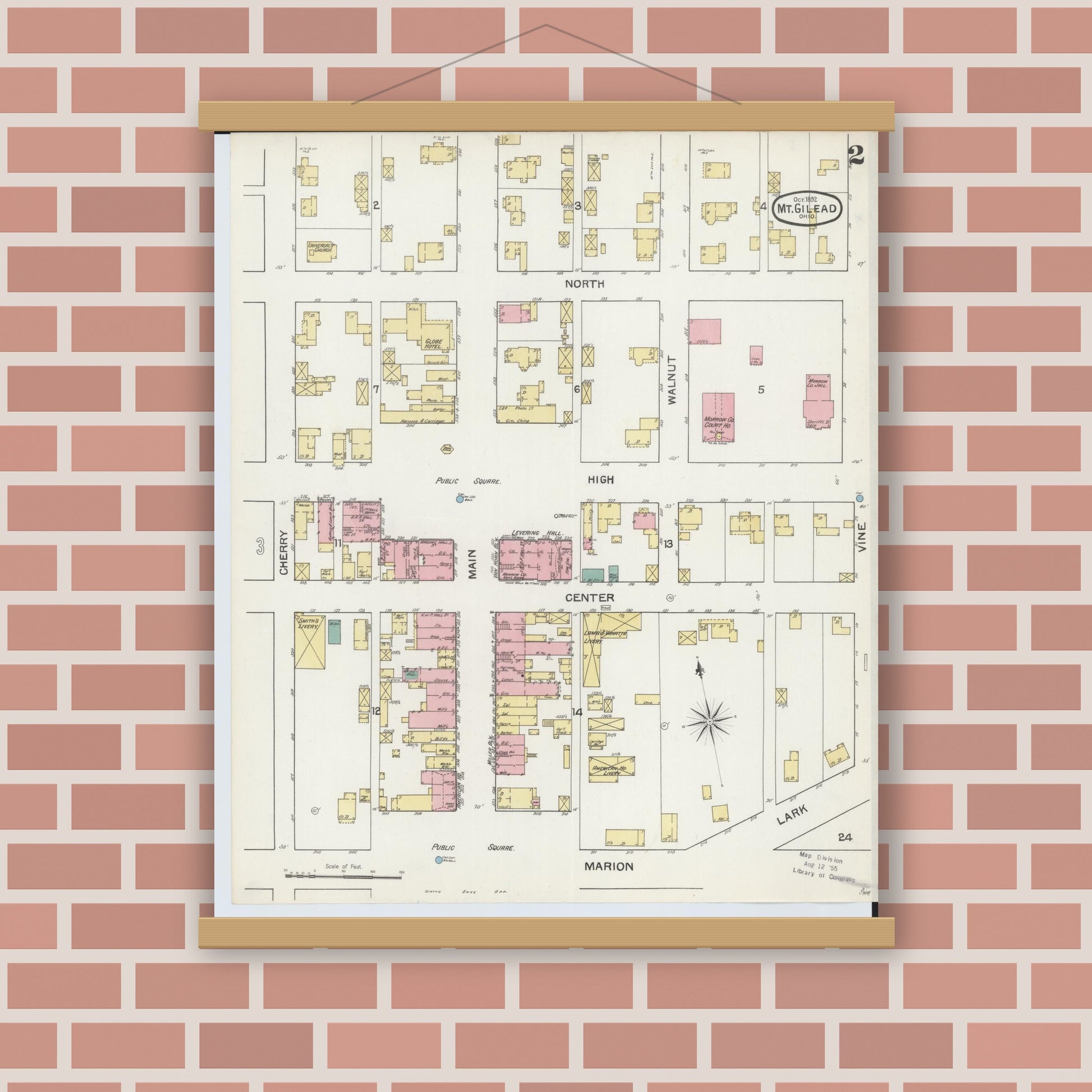 Old map wall art mockup — magnetic wood frame on brick wall — Sanborn Fire Insurance Map from Mount Gilead, Morrow County, Ohio (1892), Sheet #0002