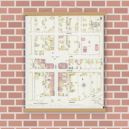 Old map wall art mockup — magnetic wood frame on brick wall — Sanborn Fire Insurance Map from Mount Gilead, Morrow County, Ohio (1892), Sheet #0002