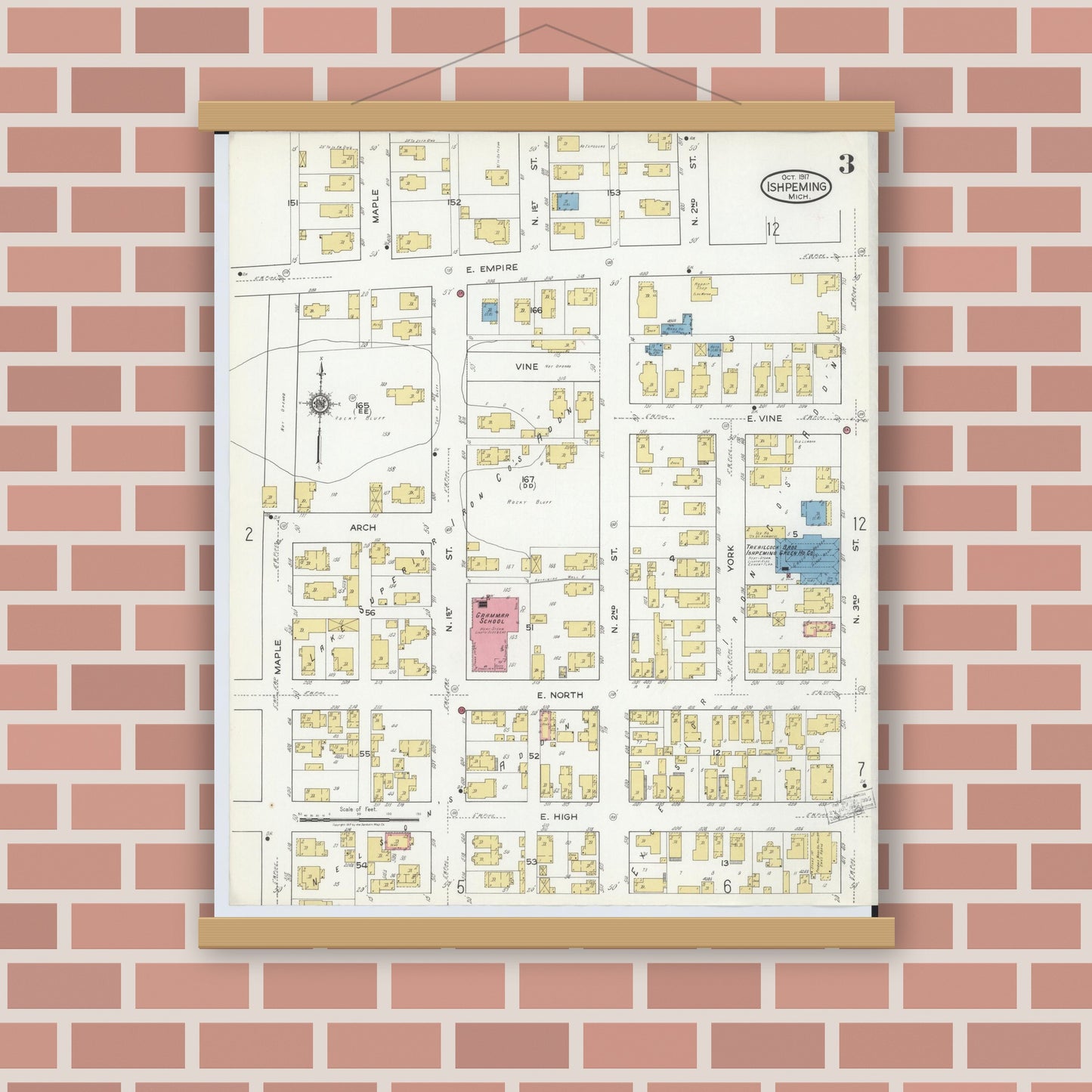 Old map wall art mockup — magnetic wood frame on brick wall — Sanborn Fire Insurance Map from Ishpeming, Marquette County, Michigan (1917), Sheet #0003