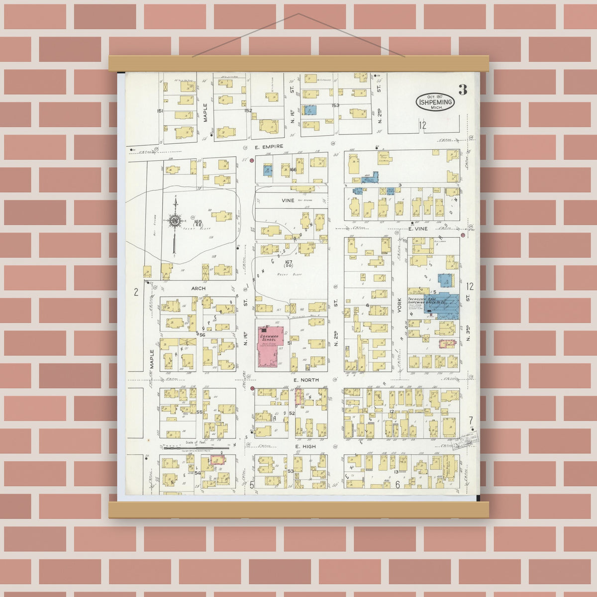 Old map wall art mockup — magnetic wood frame on brick wall — Sanborn Fire Insurance Map from Ishpeming, Marquette County, Michigan (1917), Sheet #0003
