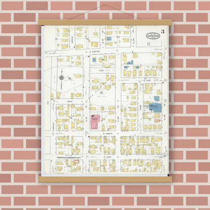 Old map wall art mockup — magnetic wood frame on brick wall — Sanborn Fire Insurance Map from Ishpeming, Marquette County, Michigan (1917), Sheet #0003