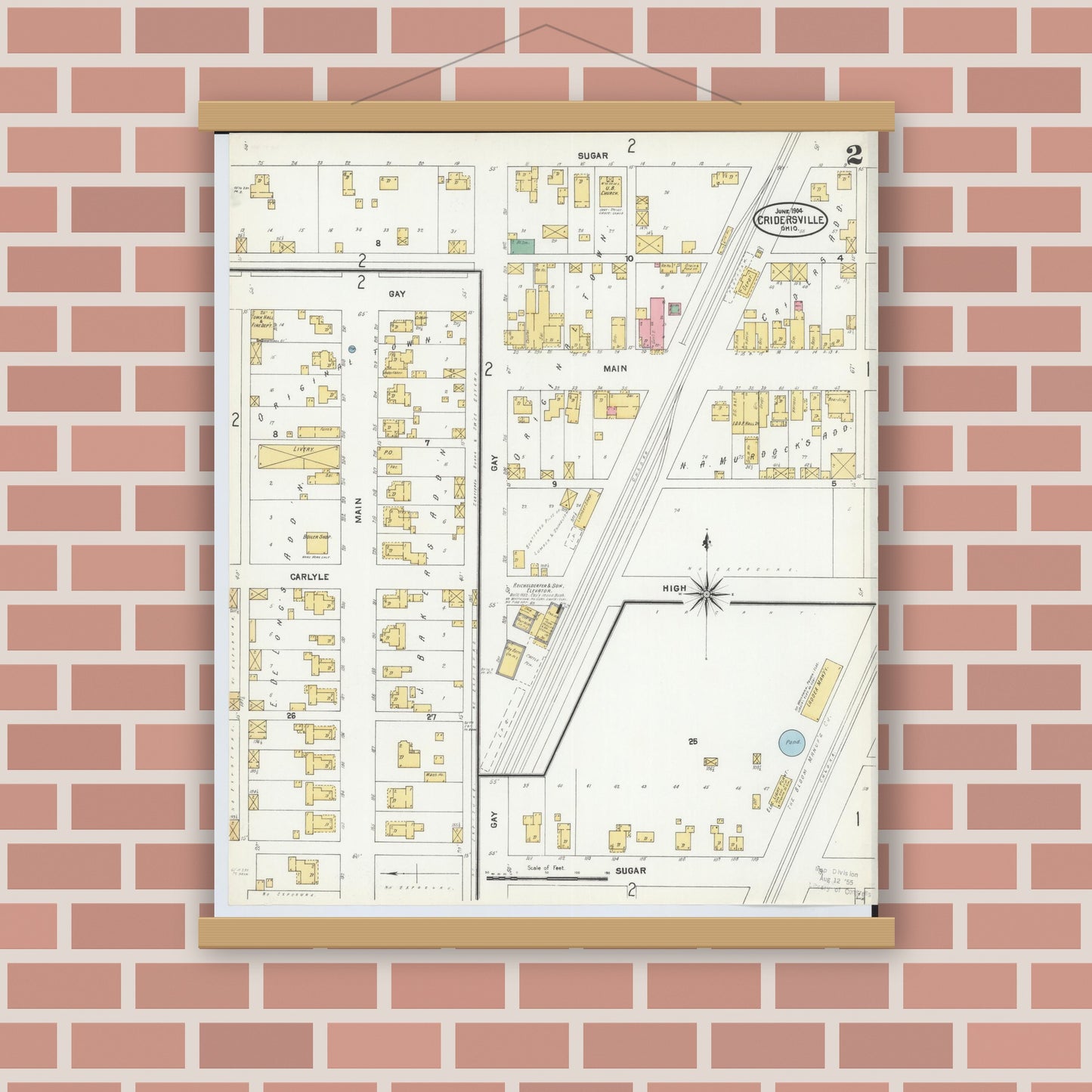 Old map wall art mockup — magnetic wood frame on brick wall — Sanborn Fire Insurance Map from Cridersville, Auglaize County, Ohio (1904), Sheet #0002