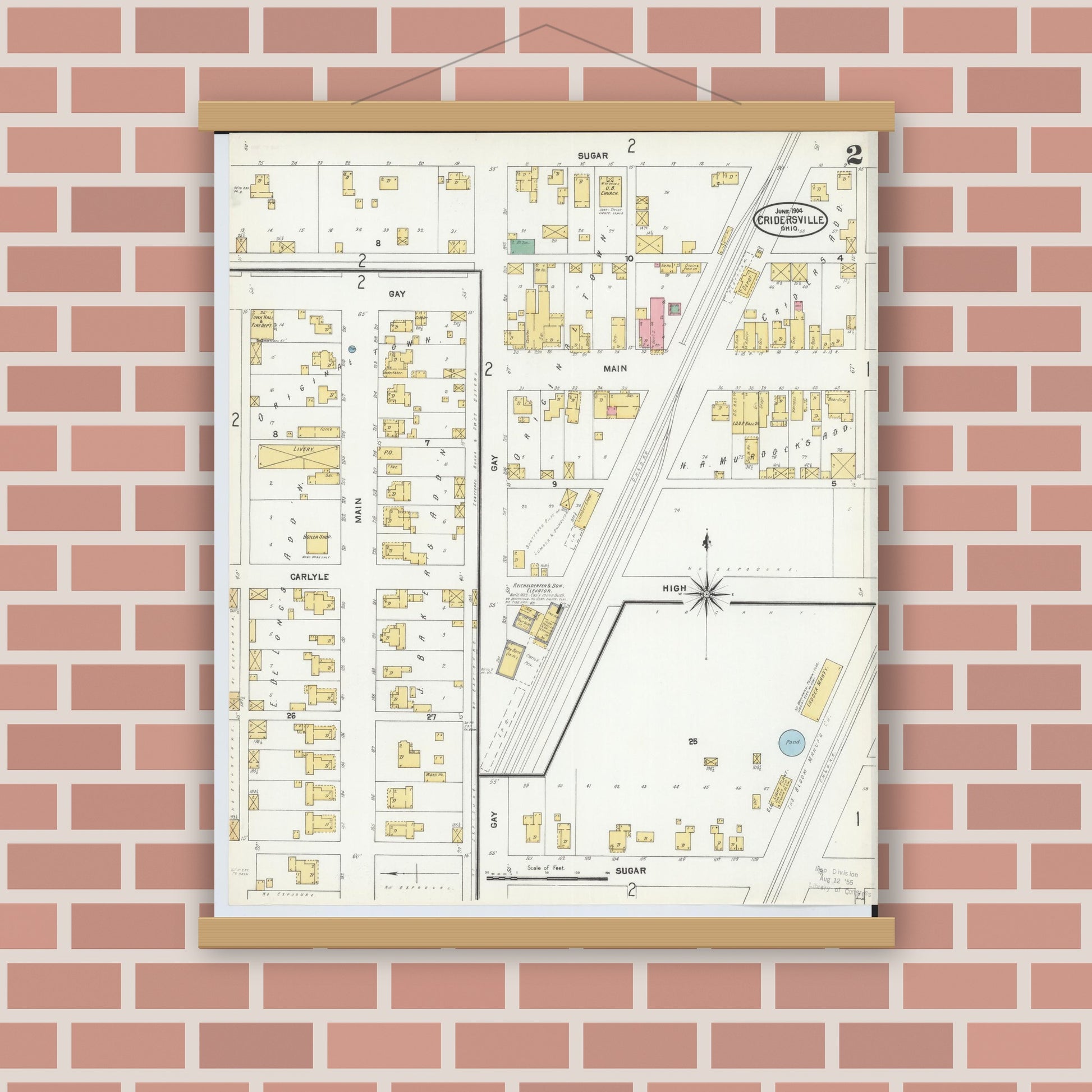 Old map wall art mockup — magnetic wood frame on brick wall — Sanborn Fire Insurance Map from Cridersville, Auglaize County, Ohio (1904), Sheet #0002