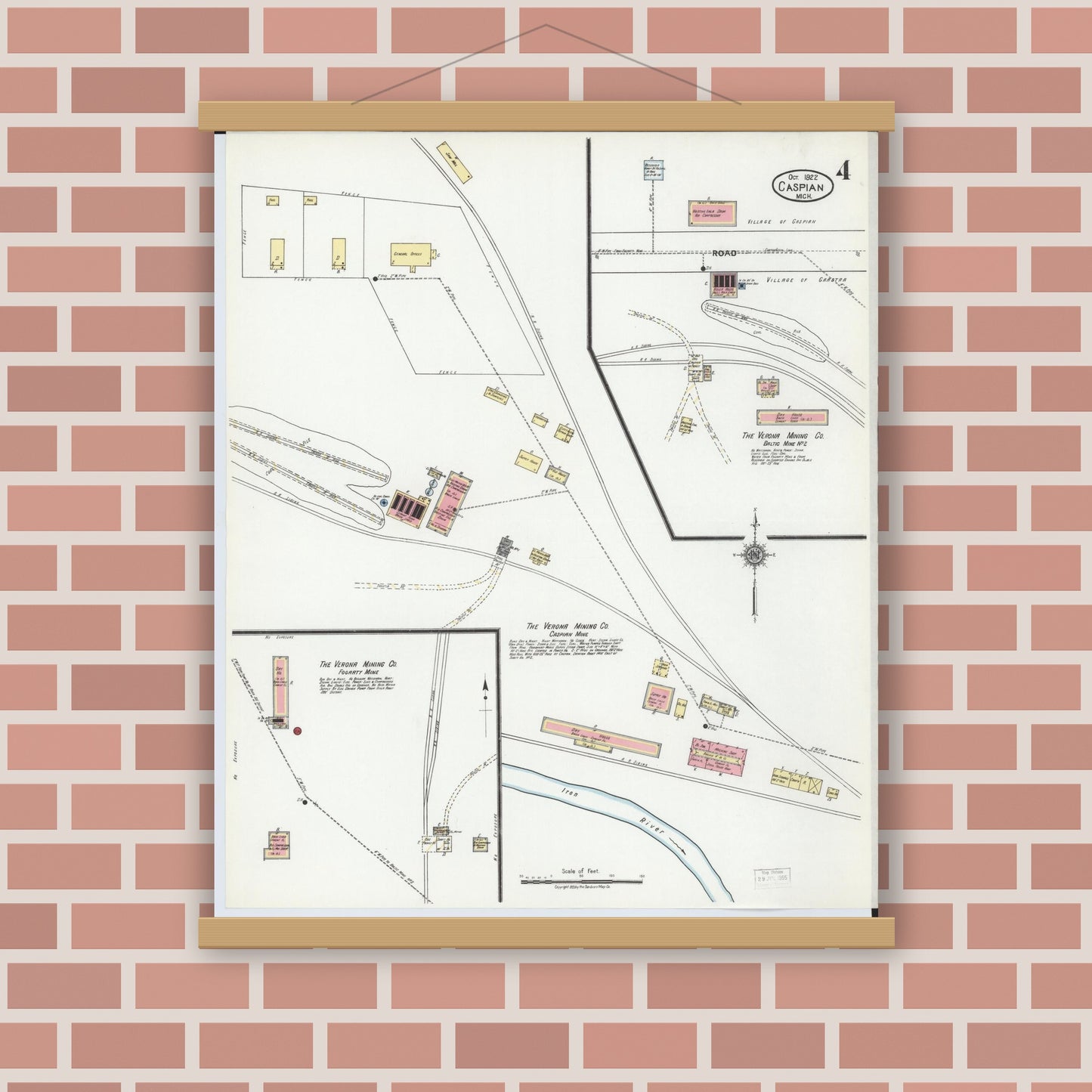 Old map wall art mockup — magnetic wood frame on brick wall — Sanborn Fire Insurance Map from Caspian, Iron County, Michigan (1922), Sheet #0004