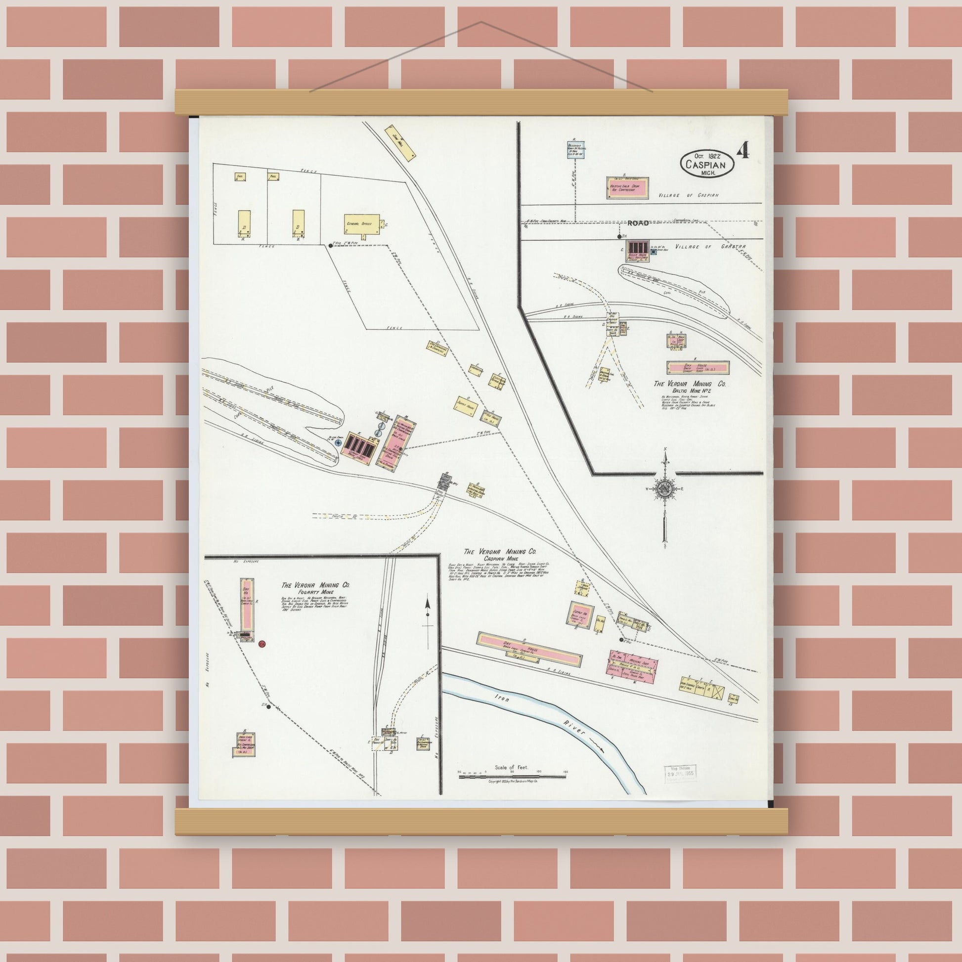 Old map wall art mockup — magnetic wood frame on brick wall — Sanborn Fire Insurance Map from Caspian, Iron County, Michigan (1922), Sheet #0004