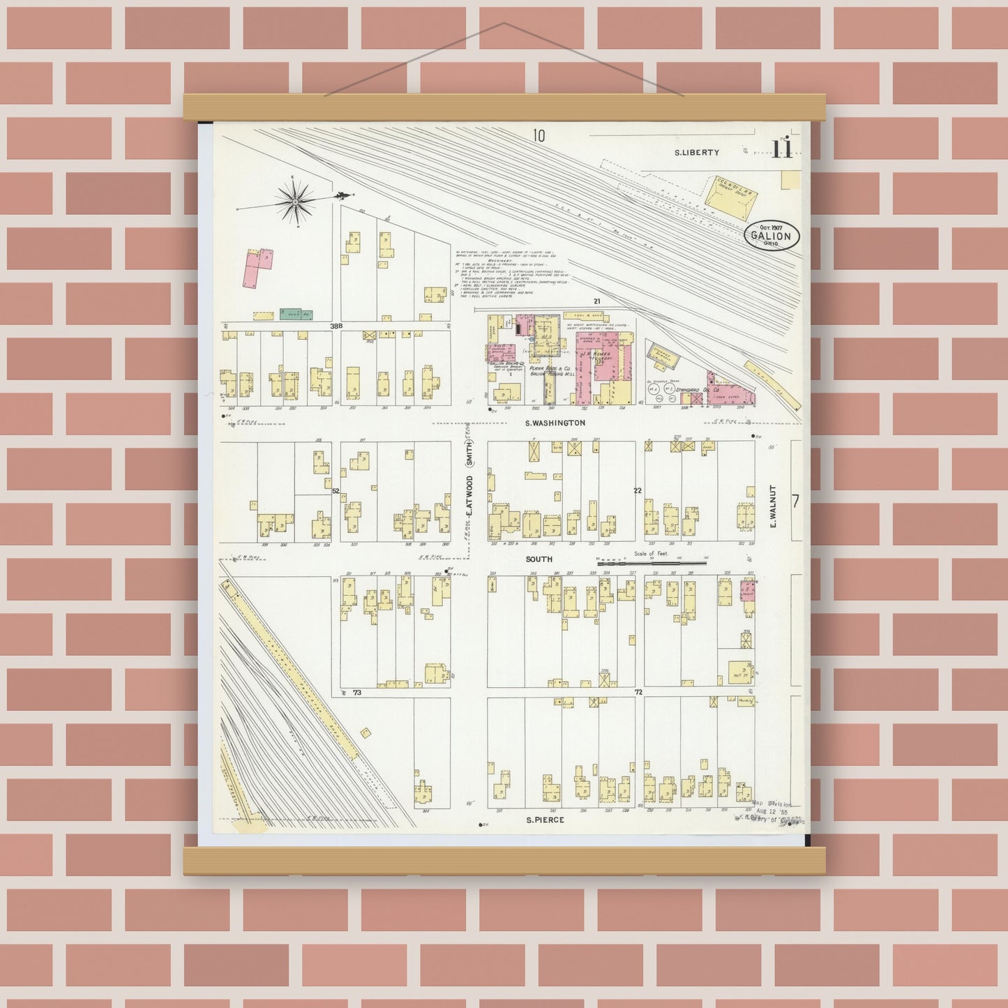 Old map wall art mockup — magnetic wood frame on brick wall — Sanborn Fire Insurance Map from Galion, Crawford County, Ohio (1907), Sheet #0011