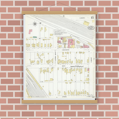 Old map wall art mockup — magnetic wood frame on brick wall — Sanborn Fire Insurance Map from Galion, Crawford County, Ohio (1907), Sheet #0011