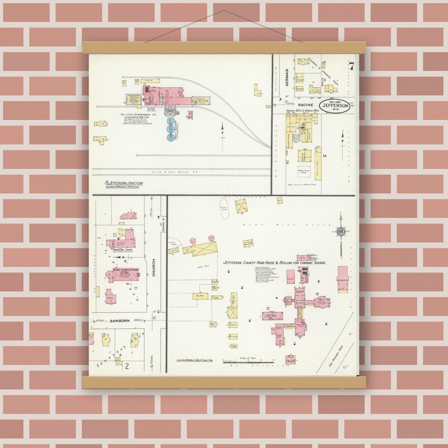 Old map wall art mockup — magnetic wood frame on brick wall — Sanborn Fire Insurance Map from Jefferson, Jefferson County, Wisconsin (1909), Sheet #0007