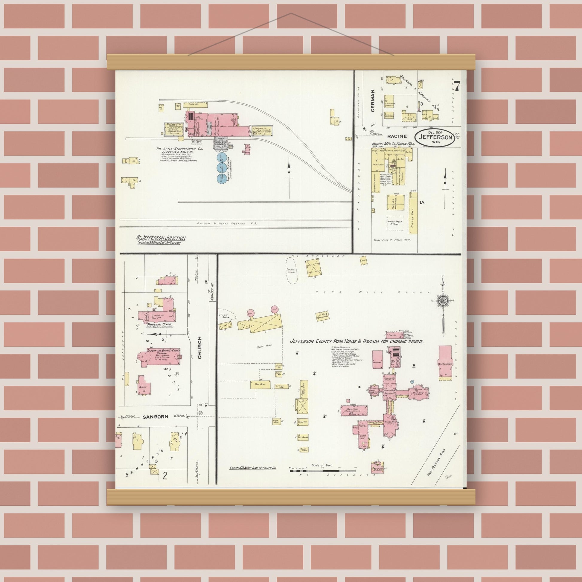 Old map wall art mockup — magnetic wood frame on brick wall — Sanborn Fire Insurance Map from Jefferson, Jefferson County, Wisconsin (1909), Sheet #0007