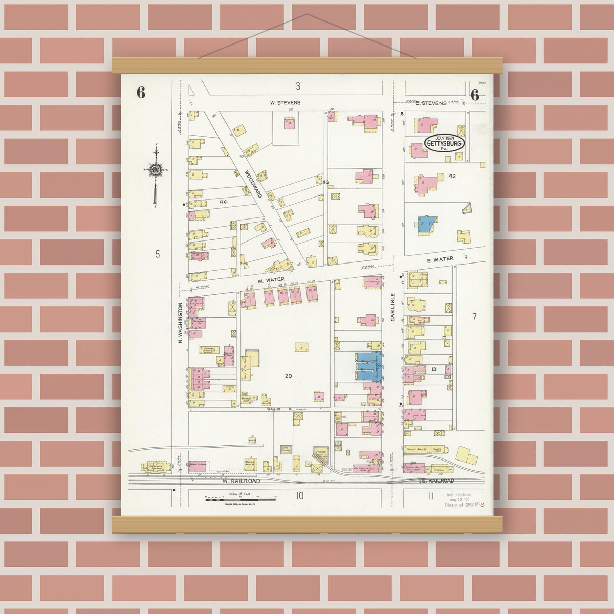 Old map wall art mockup — magnetic wood frame on brick wall — Sanborn Fire Insurance Map from Gettysburg, Adams County, Pennsylvania (1924), Sheet #0006