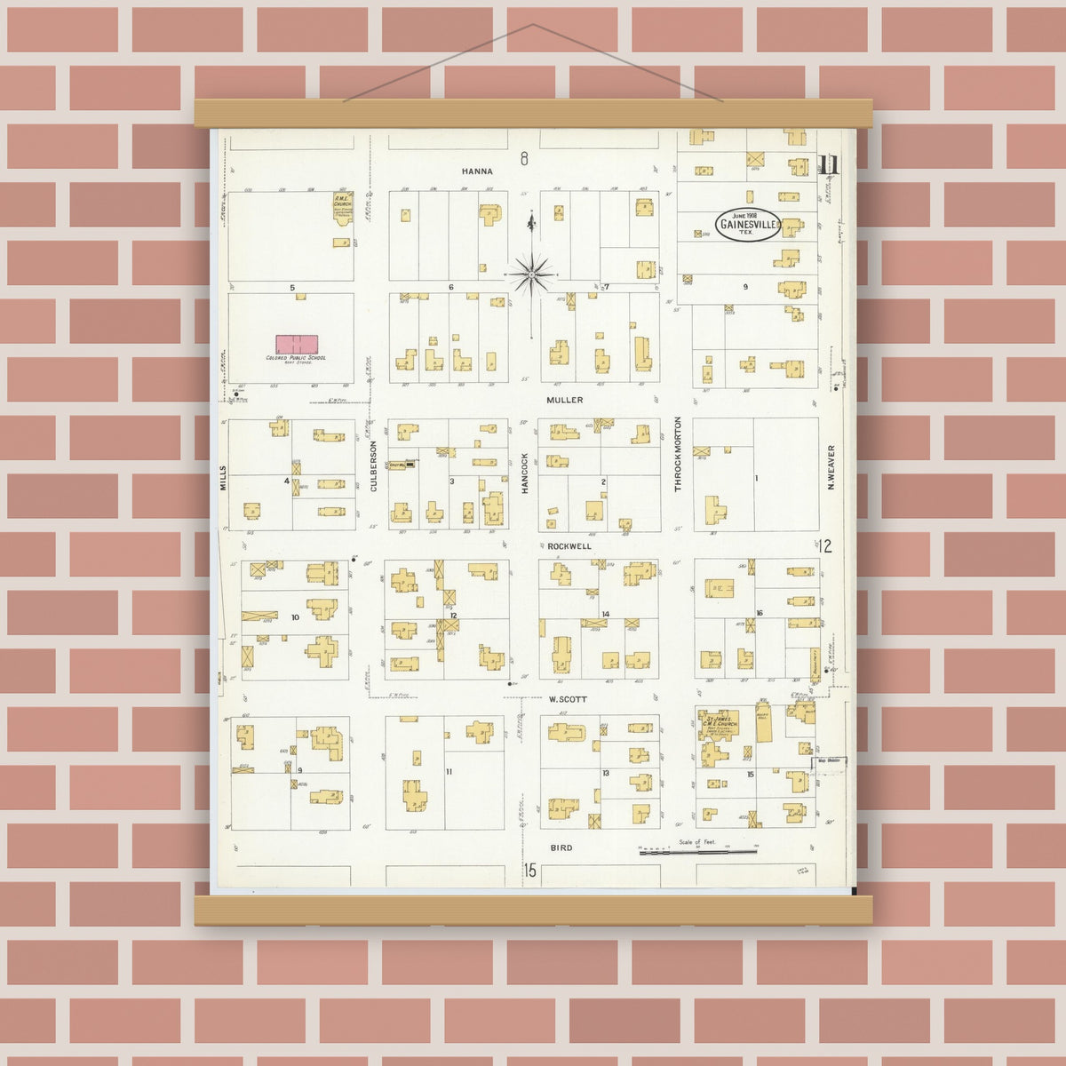 Old map wall art mockup — magnetic wood frame on brick wall — Sanborn Fire Insurance Map from Gainesville, Cooke County, Texas (1908), Sheet #0011
