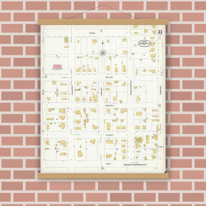 Old map wall art mockup — magnetic wood frame on brick wall — Sanborn Fire Insurance Map from Gainesville, Cooke County, Texas (1908), Sheet #0011